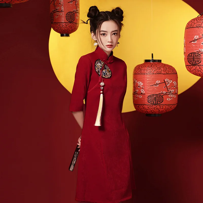 Fashion gaun wanita, Qipao Burgundy bordir kerah Mandarin lengan setengah Cheongsam tradisional klasik Cina Vestidos seksi