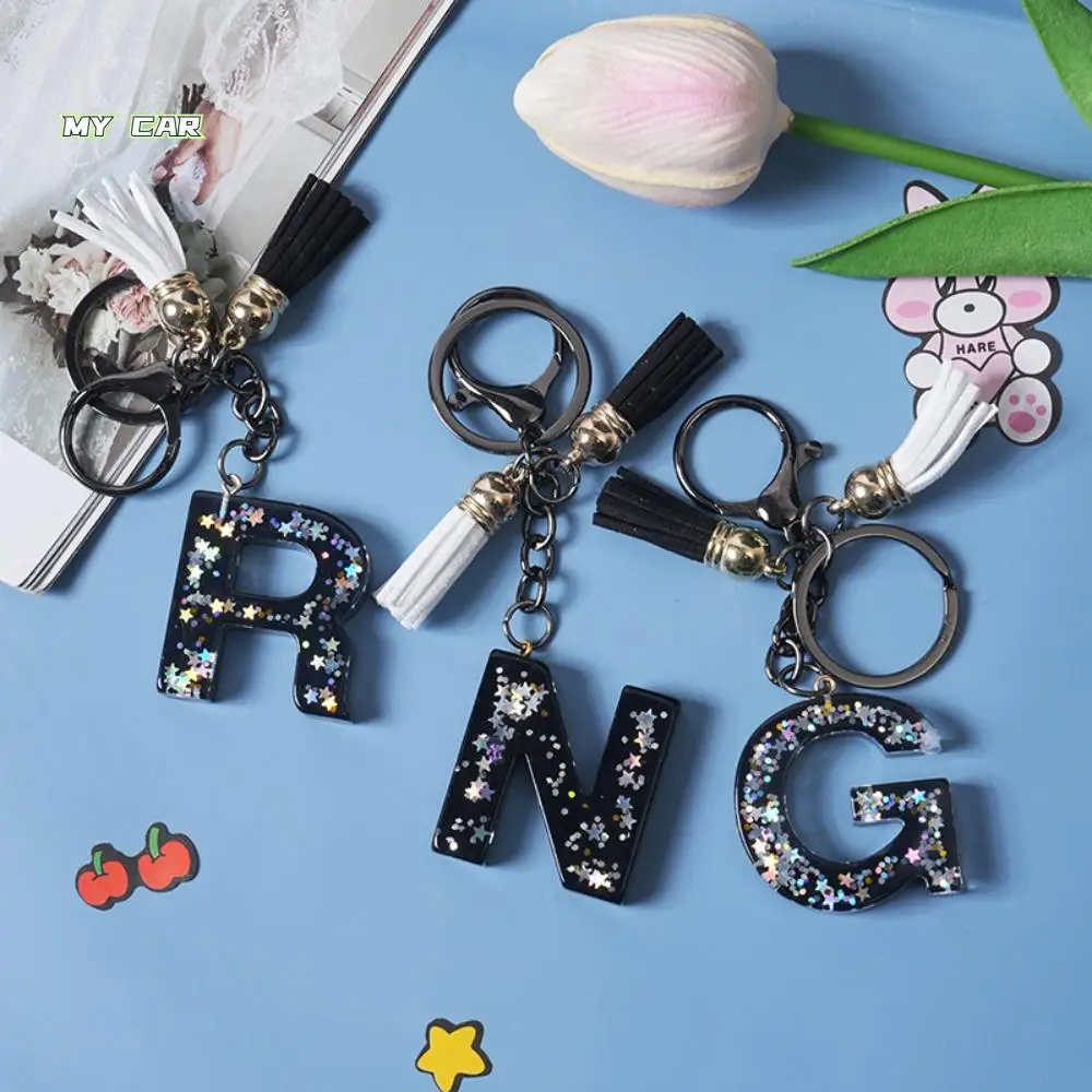 

Letter a To Z 26 Letter Keychain Tassel Exquisite English Alphabet Bag Pendant Black Fashion Alphabet Initials Glitter Keyring