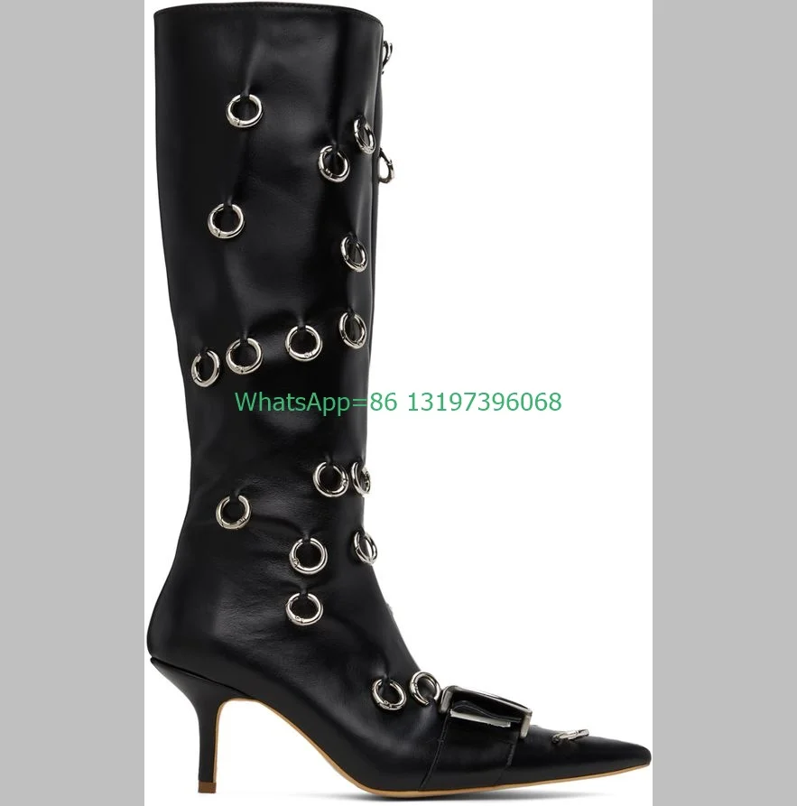 

Lady black low heel metal design knee boots pointed toe buckle strap high heels causal office lady dress runway boots size 3546