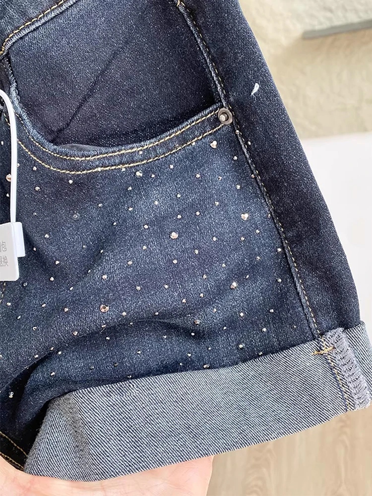 Sexy Low Waist Rhinestone Cuffed Denim Shorts Women's Summer Slim Fit Elastic Slimming Butt Lifting Hot Pants