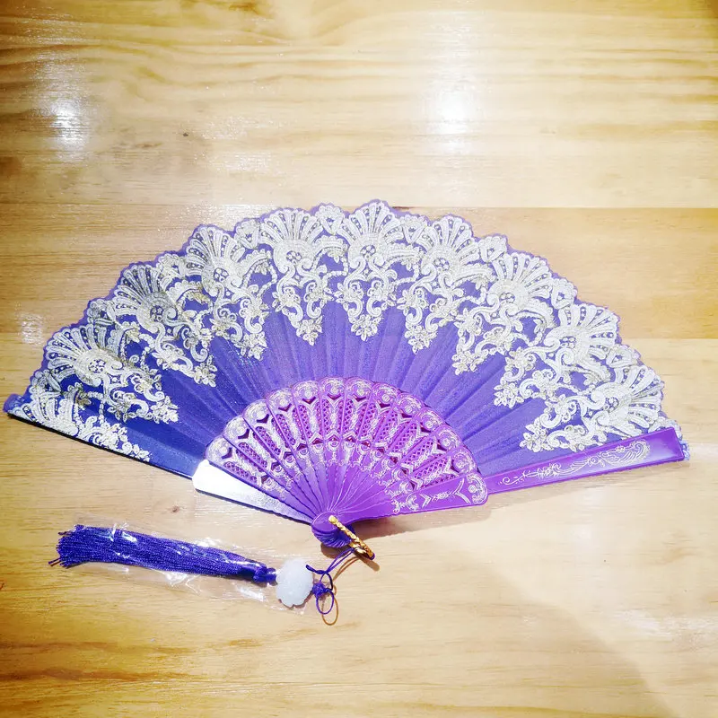 Oriental Aesthetics Purple Folding Fan With Tassels Gold Stamp Chinese Traditional Auspicious Cloud Pattern Hand Fan Accessories