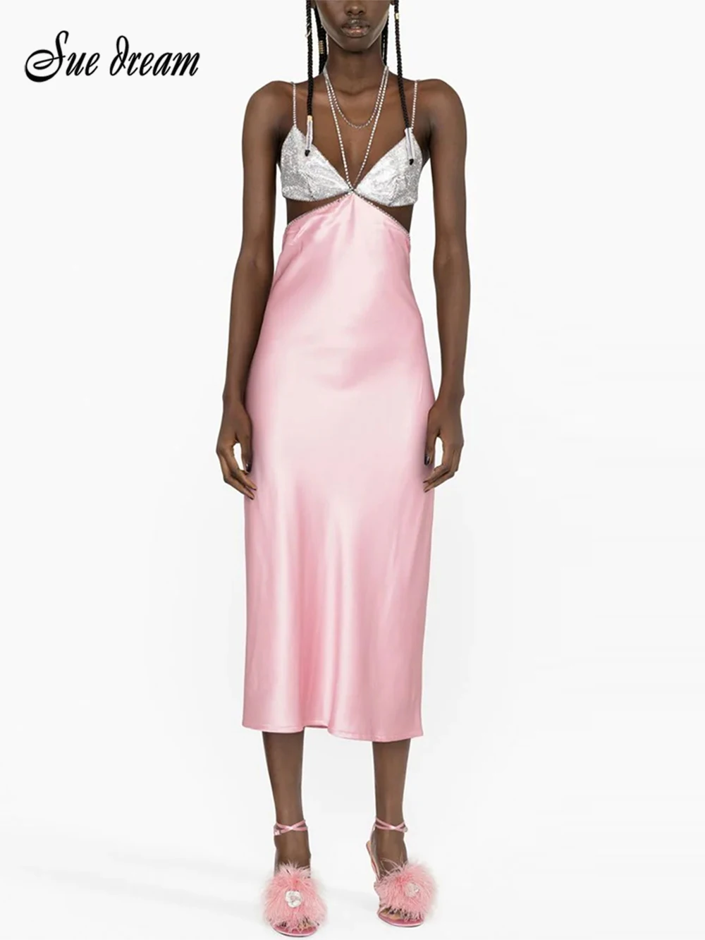 

2023 New Women's Sexy Spaghetti Strap V-Neck Diamond Hollow Out Backless Satin Midi Dress Bodycon Celebrity Club Party Dress