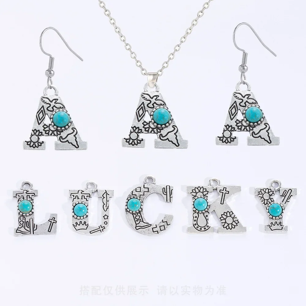 유행 의류 액세서리를 위한 DIY 합금 문자 펜던트, 보헤미안 스타일 청록색 문자 액세서리