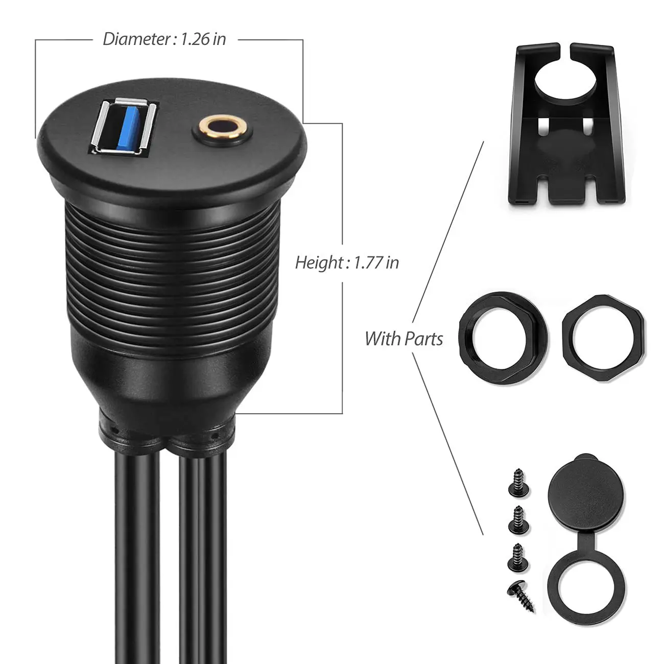 1M 3ft USB 3.0 & 3.5mm AUX Extension Mount Dash Mount Flush Mount Panel Cable for Car Boat Motorcycle Waterproof Cord