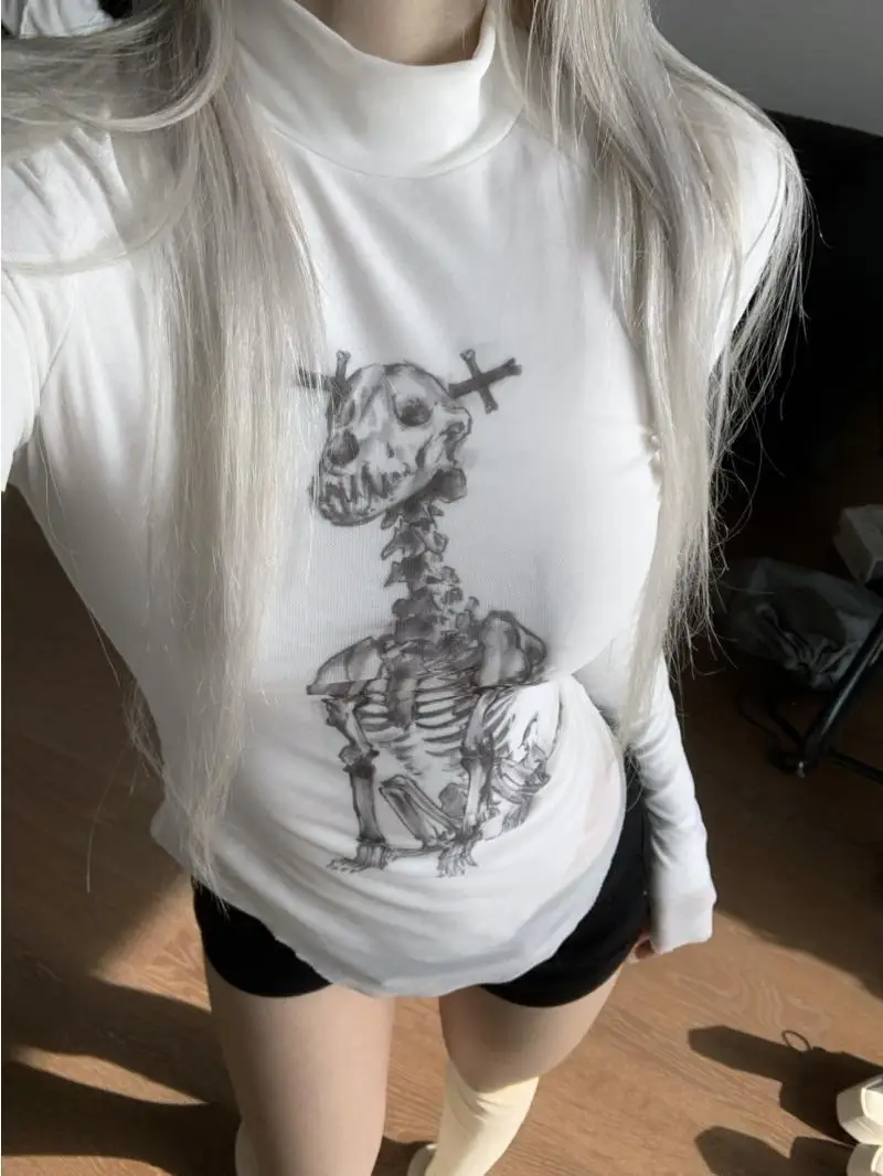 Half High Collar Long Sleeve Slim Waist White Skull Dog Print Tees Japanese Streetwear Preppy Style Tshirts Y2k Camisetas Women