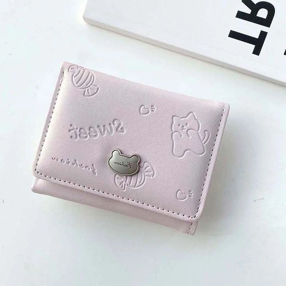 

Pouch Portable Cartoon Cat Purses PVC Snap Button Lady Short PU Wallet Anti-Splash Water Printed Triple Fold Card Bag Girls