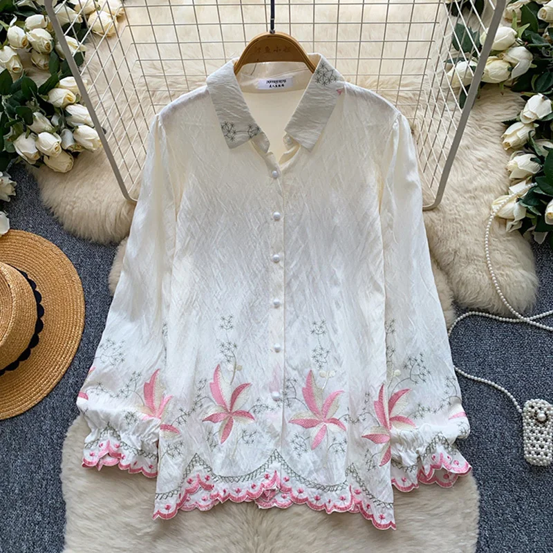 

Women's Embroidered Shirt Summer Cardigan Long Sleeve Spring Fall Loose Knit Tops Elegant Blouse Female Top BL482