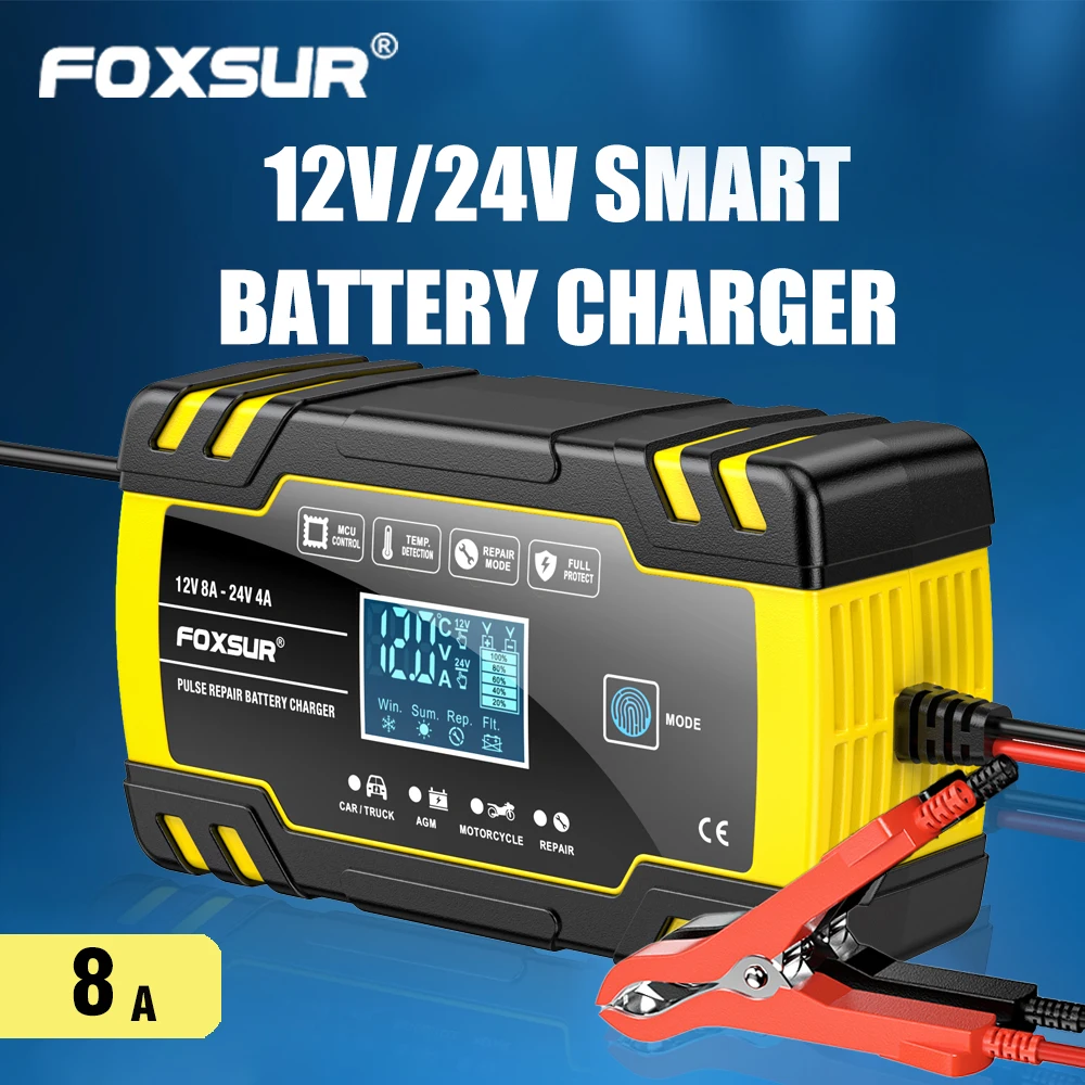 

FOXSUR 12V 24V 8A Импульсное ремонтное зарядное устройство с ЖК-дисплеем, зарядное устройство для мотоциклетных и автомобильных аккумуляторов, гелевое свинцово-кислотное зарядное устройство AGM с глубоким циклом