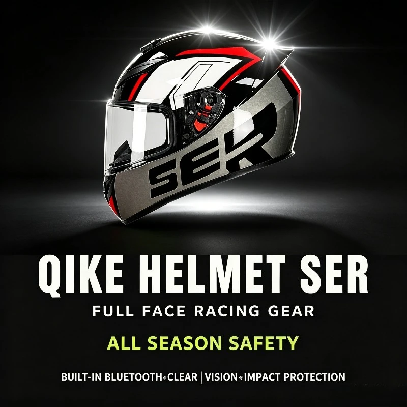 QIKE All Season Fit Men & Women Full-Face Helmet, Affordable Fashion Built-in Bluetooth Durable Motorbike Safety Riding Helmet