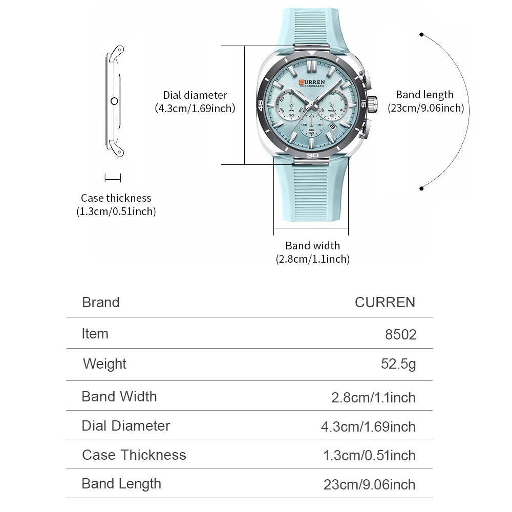 CURREN Men Chronograph Quartz Watch Light Blue Silicone Strap Luminous Sports Wristwatch Fashion Casual Clock for Outdoor