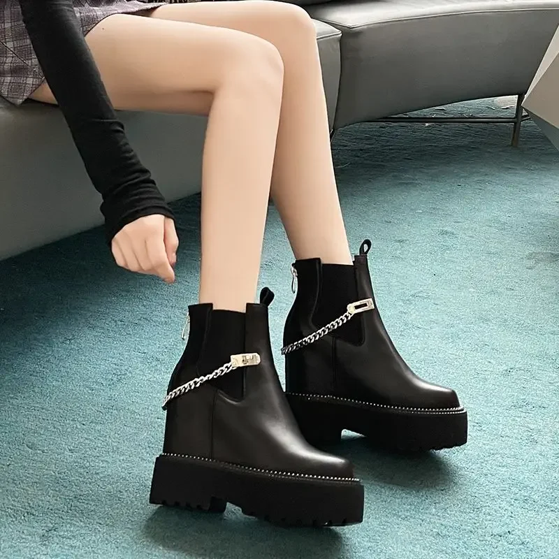 Fujin 12cm New Genuine Leather Women Microfiber Wedge Warm Winter Ankle Knee High Boots Platform Plush Autumn Hidden Heel Shoes