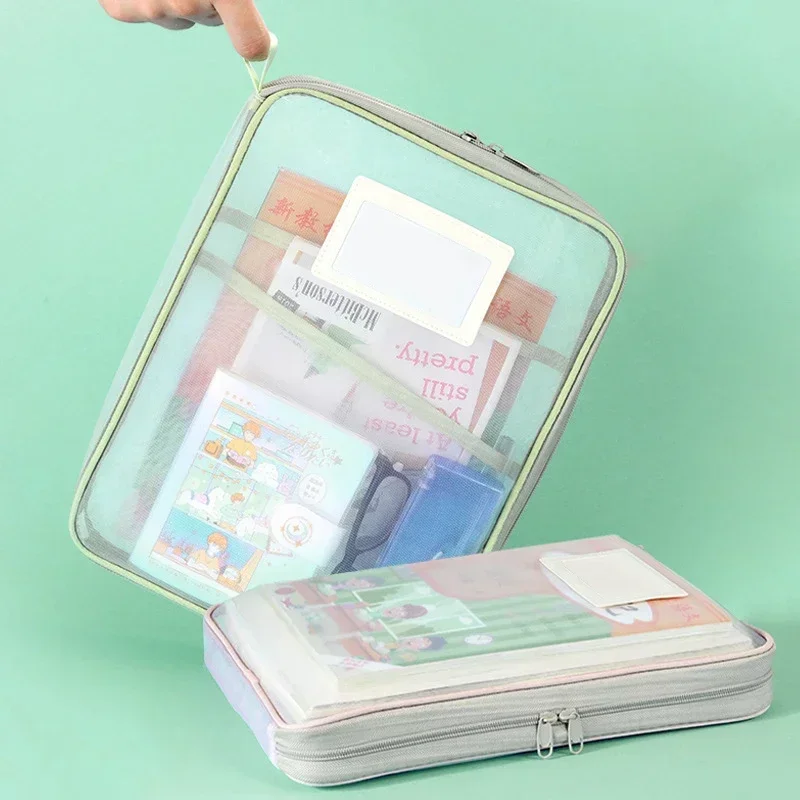 A4 Clear Mesh Zipper Document Bag L Shaped File Folder Portable Exam Organizer with Handle Book Storage Pouch for Students