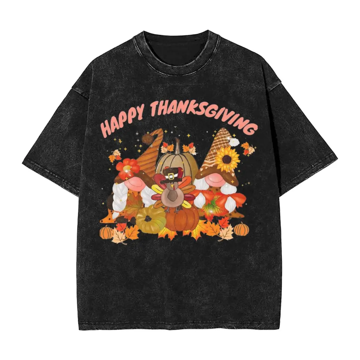 Happy Thanksgiving Turkey And Pumpkin T Shirt Fun Gnomes With Autumn Falling Leaves T Shirts Tshirt Short Sleeves Top Tees