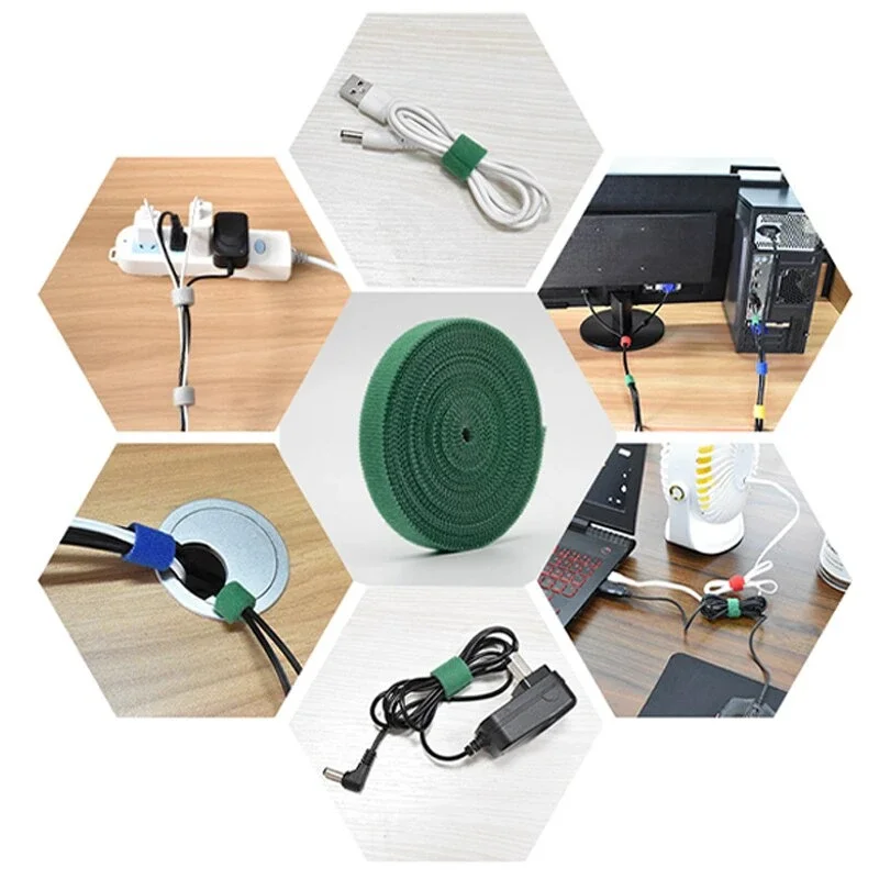 5m 1 Roll Black/Green Nylon Cable Ties Magic Tape 10mm Wide Multifunctional Wire Organizer Cuttable Self-Adhesive USB Cable Ties image 2