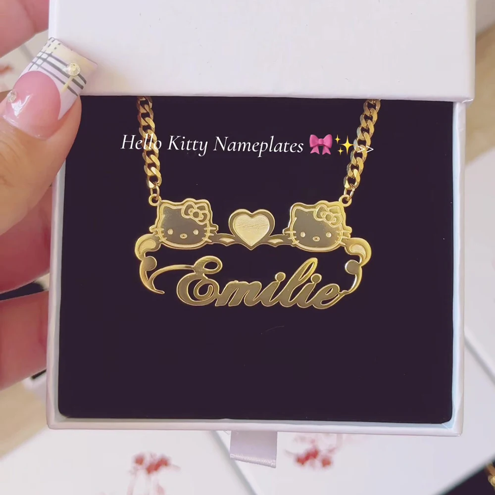 Personalized Hello Kitty Name Necklace Custom Engraved Nameplate Pendant Stainless Steel Sanrio Jewelry For Women Birthday Gift