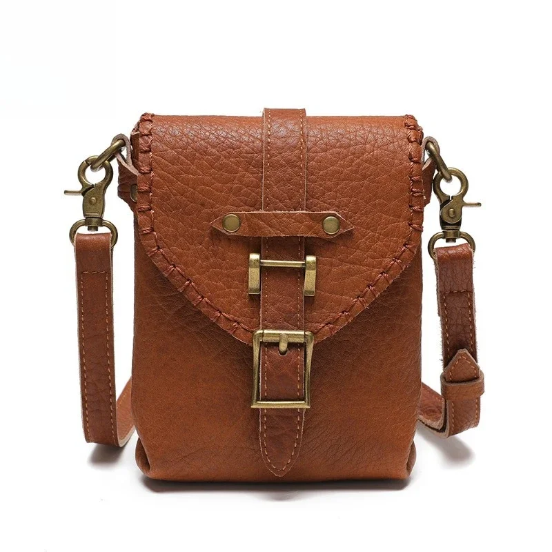 

American retro, niche first-layer cowhide mobile phone bag, female messenger small square bag, casual leather women's bag