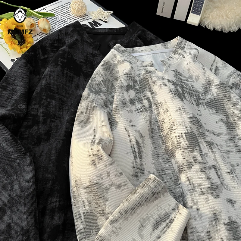 남성 가을 기본 긴팔 티셔츠 크루넥 마블 잉크 프린트  - Winter Cloth 리뷰 및 가격