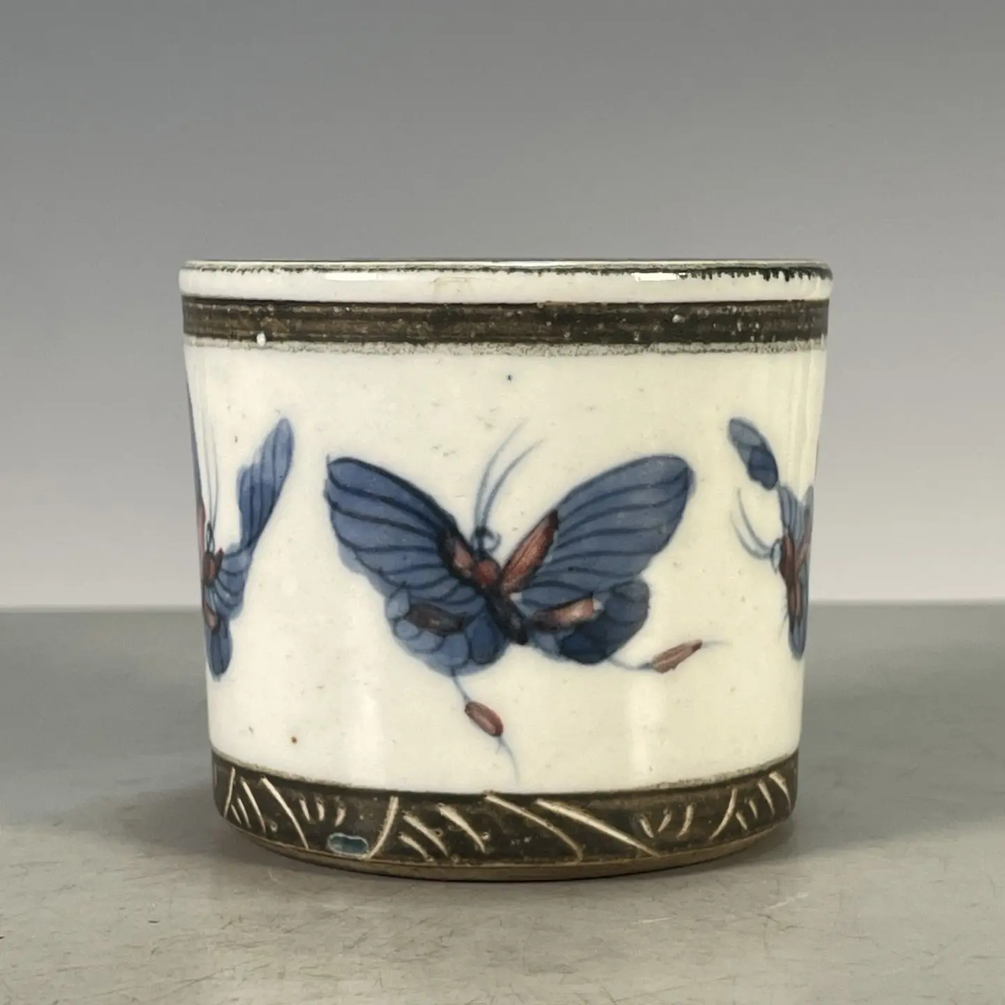 Chinese Wenwan Porcelain Set, Hand Painted Hundred Butterflies Pattern Censer & Brush Pot, Rust Iron Rim Vintage Decor Ornament