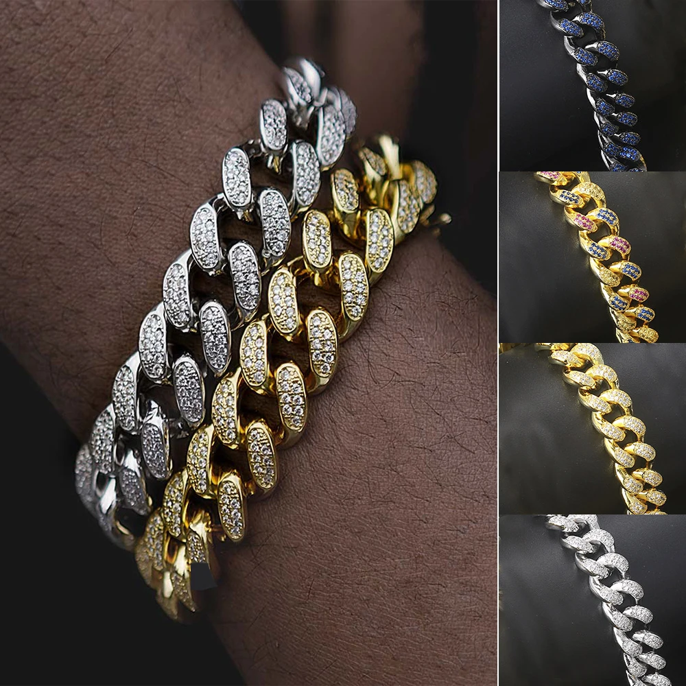 

Cuban Bracelet On Hand For Men Luxury Iced Out Full Zircon Hip Hop Rapper Bling Link Chain Bracelet Homme Gold Color Jewelry