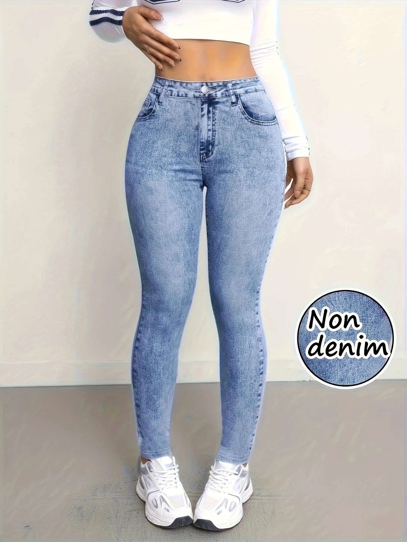 Women High Waist Stretch Long Leggings Faux Denim Printed Skinny Pencil Pants Slim Fit Non Denim Jeggings