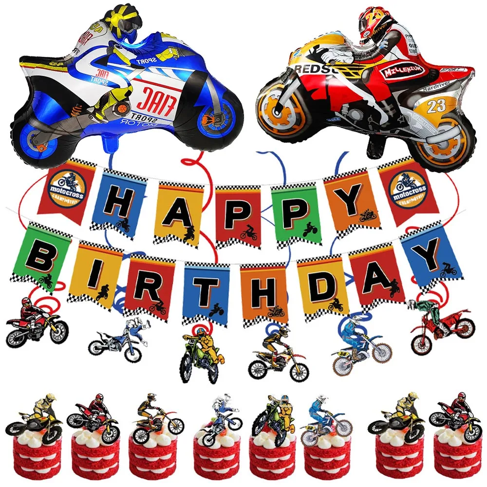 Dirt Bike Birthday Party Decorations for Boys Motorcycle Party Supplies Motorcycle Balloon Banner Cake Toppers Hanging Decorati