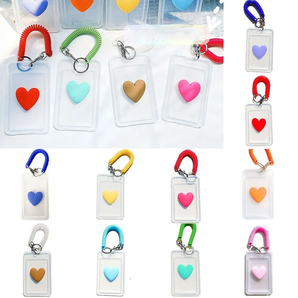 Love Heart Transparent Card Hold with Keychain Plastic Women Card Cover Korean Style Elastic Strap Key Ring Ornaments Gift