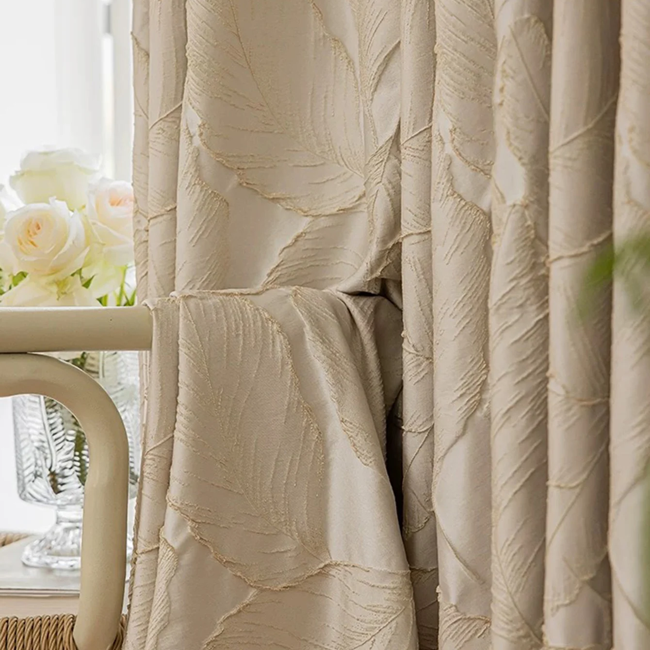 

High Quality Window Curtains 3D Relief Gold Leaf Beige Blackout Curtains Grommet For Luxurious Living Room Bedroom Balcony 1PC