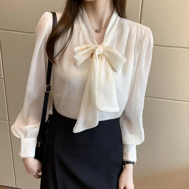 

Temperament Long Sleeve Loose Solid Blouse Trend Bow Lacing All-match Elegant Shirt Tops Spring Fashion Korean Women Clothing