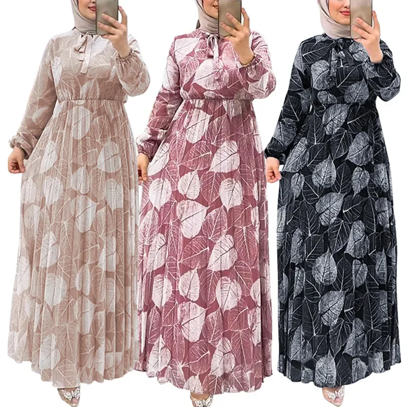 Muslim Turkey Kaftan Loose Robe Femme Caftan Islam Clothing Pleated Dress with Leaf Pattern Dress for Women Casual Dubai Abayas