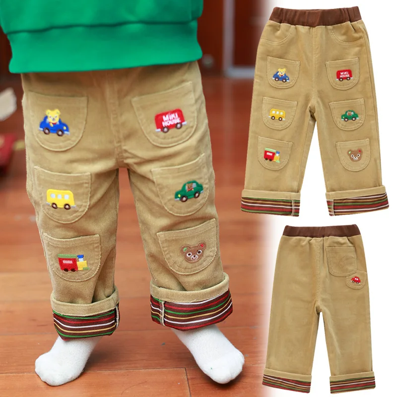 

Весенние и осенние детские брюки для мальчиков, вельветовые брюки с милым медведем и вышивкой автомобиля