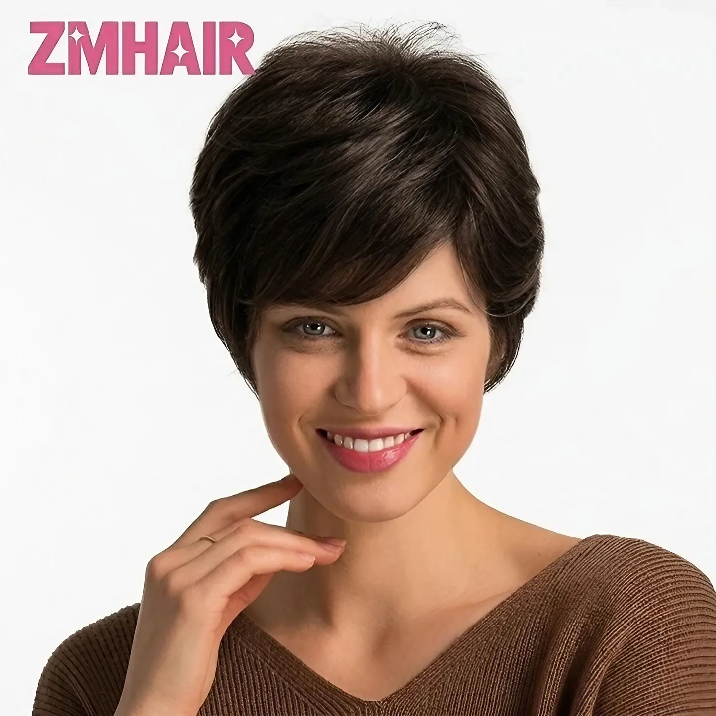 

Short hair micro-fringe bangs ladies' human hair medium brown 150% Density Silk Base Wig elegant perfect suitable daily outings