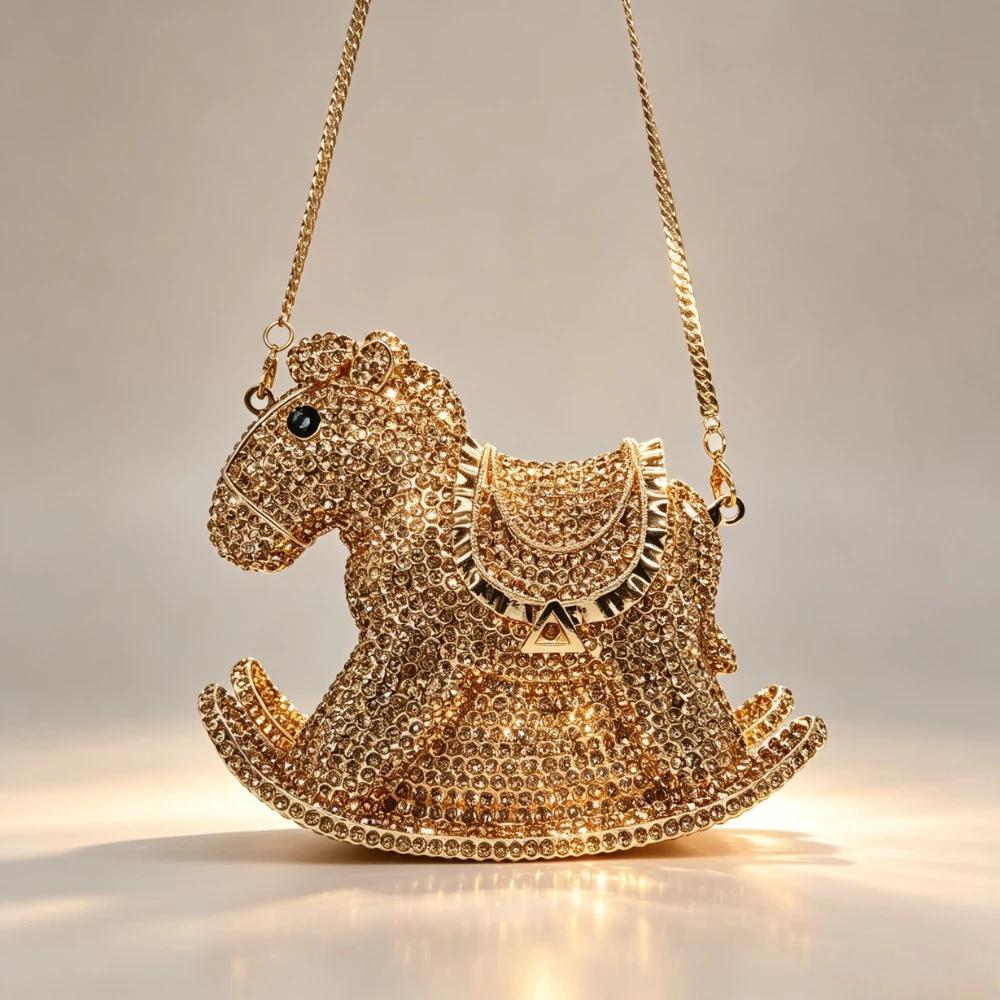 Rocking Horse Crystal Evening Clutch Bags Wedding Stone Day Clutches Purses WHTUOHENG Bridal Party Handbags Hard Metal Handbag