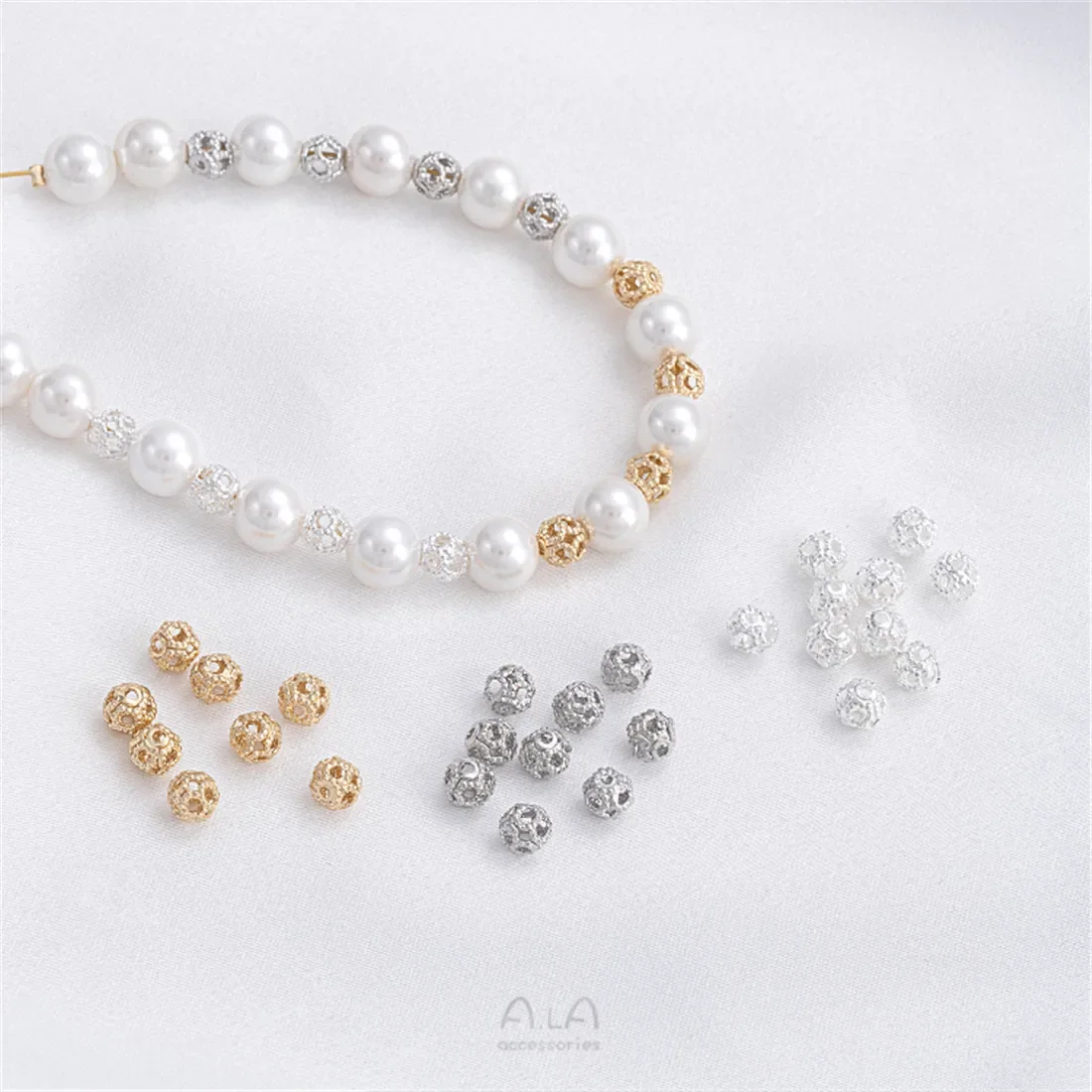 14k Gold Beads Hollowed Out Round Flower Balls Scattered Beads Diy Hand-made First Jewelry Bead-separated Accessories Materials