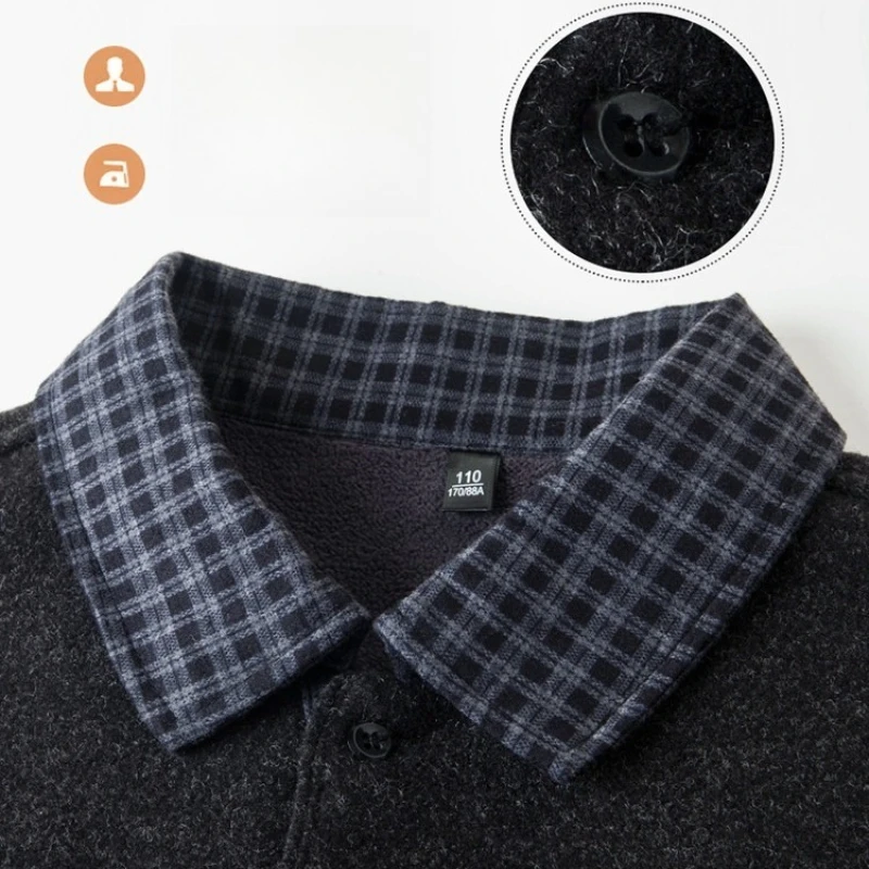 سترة منسوجة من طبقتين للرجال قميص بولو مزيج من الصوف، مبطن بالصوف سميك، ياقة منقوشة شتاء دافئ، أحمر أسود كحلي #3