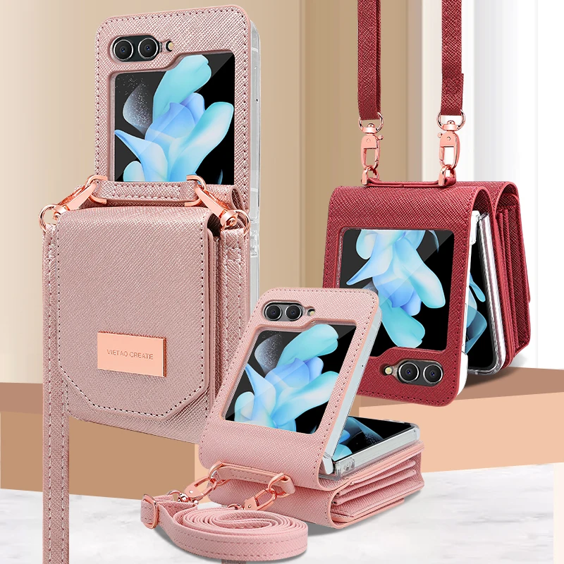 VIETAO-funda de cuero PU para tarjetas bancarias, billetera para teléfono con cordón cruzado, Compatible con Samsung Galaxy Z Flip7 6 Flip5 Flip4 Z3