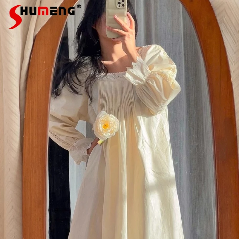 

Lace Pure Cotton Gauze Sweet Sleepshirts Girls Princess Style Morning Robe Bride Women Spring Autumn Fairy Sleep Nightgown