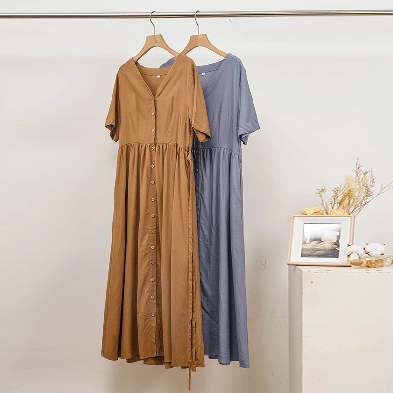 Summer Cotton Linen Women\'s Dress Sexy V-Neck Short Sleeve Button Up Maxi Chic Elegant Party Dress Long Sundress Vintage Clothes