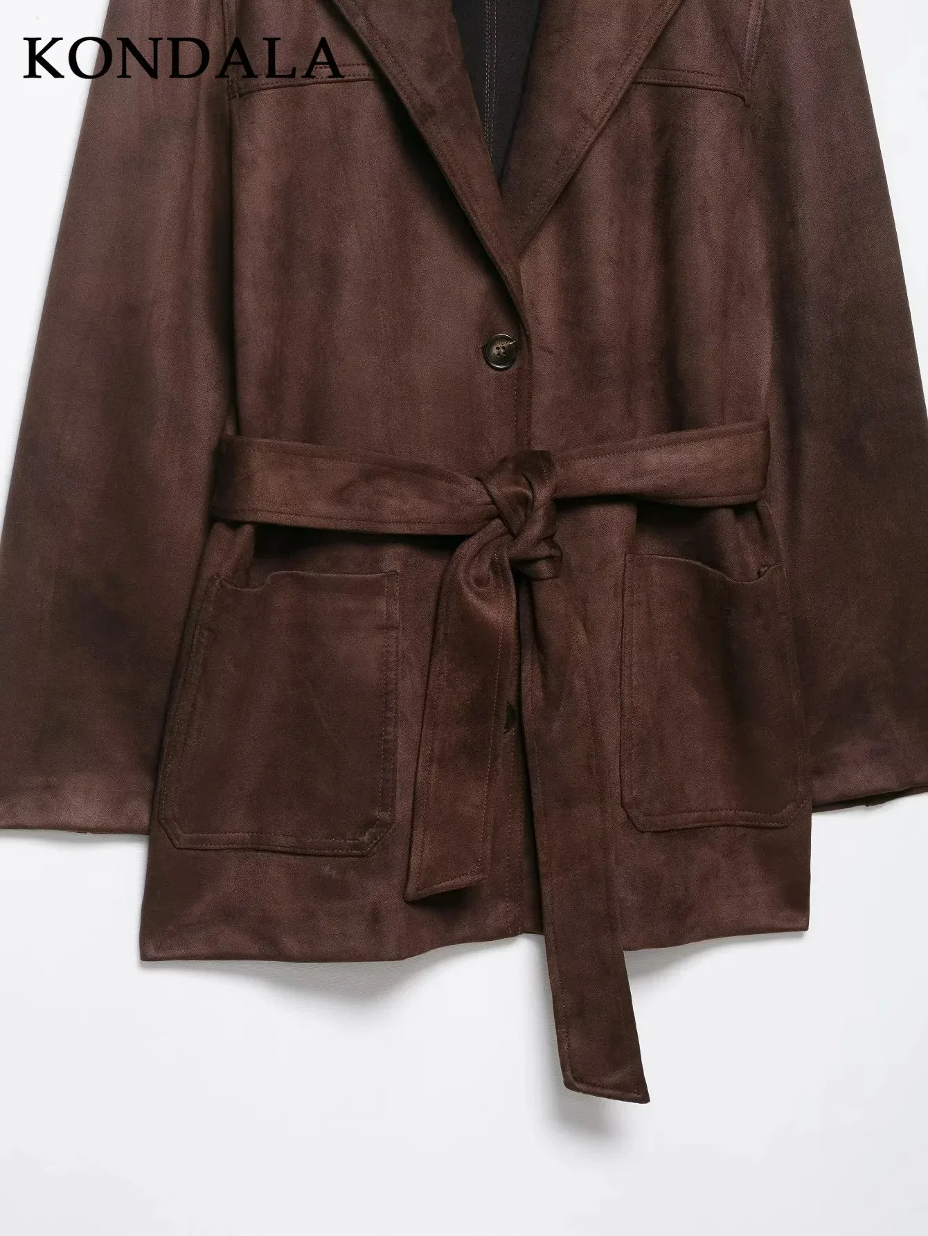 KONDALA 2025 معاطف نسائية لخريف وشتاء من جلد الغزال باللون البني ملابس خروج أنيقة للسيدات بياقة مقلوبة معاطف واحدة الصدر #6