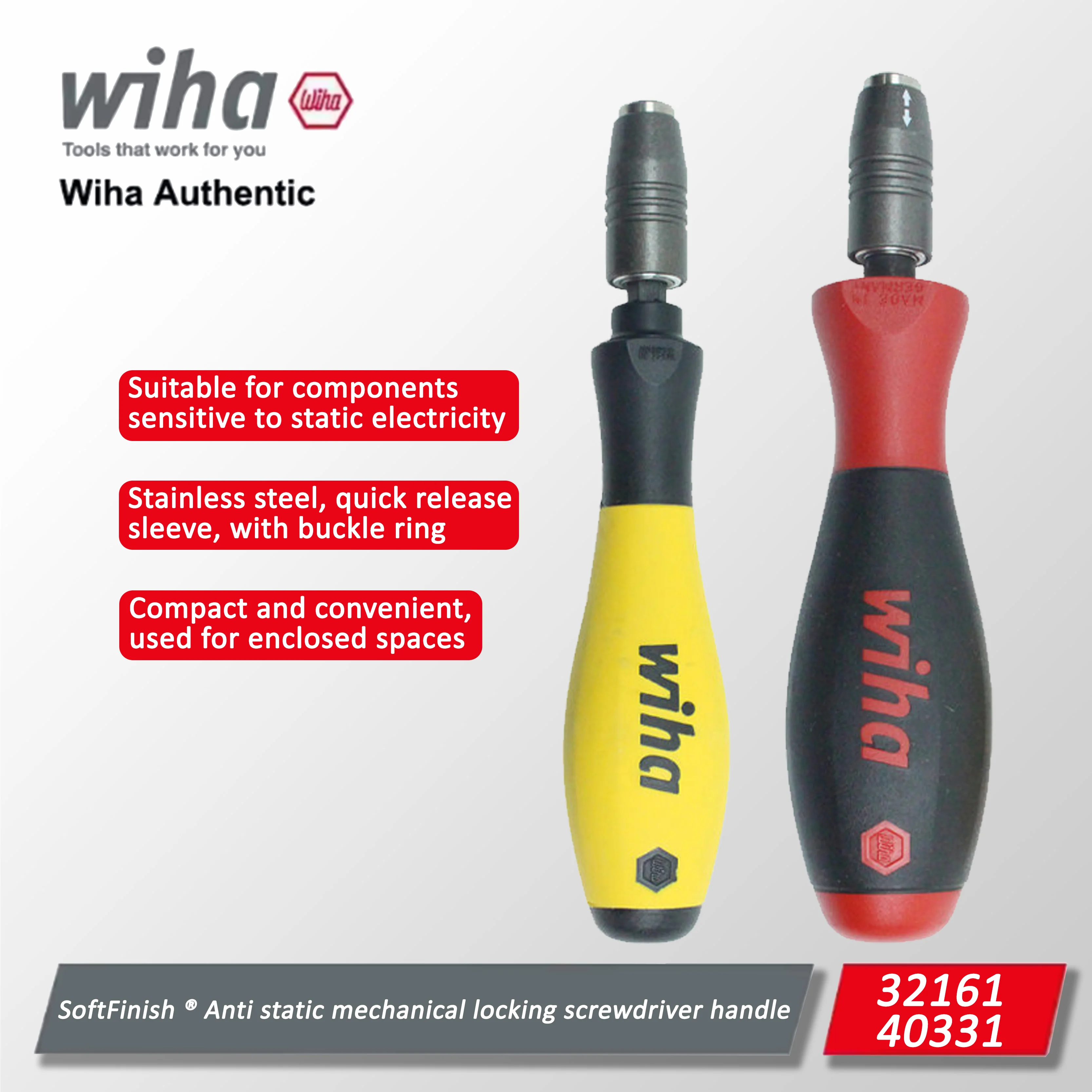 

Wiha SoftFinish ® Anti static mechanical strong magnetic 4-piece locking anti slip screwdriver handle 32161/40331