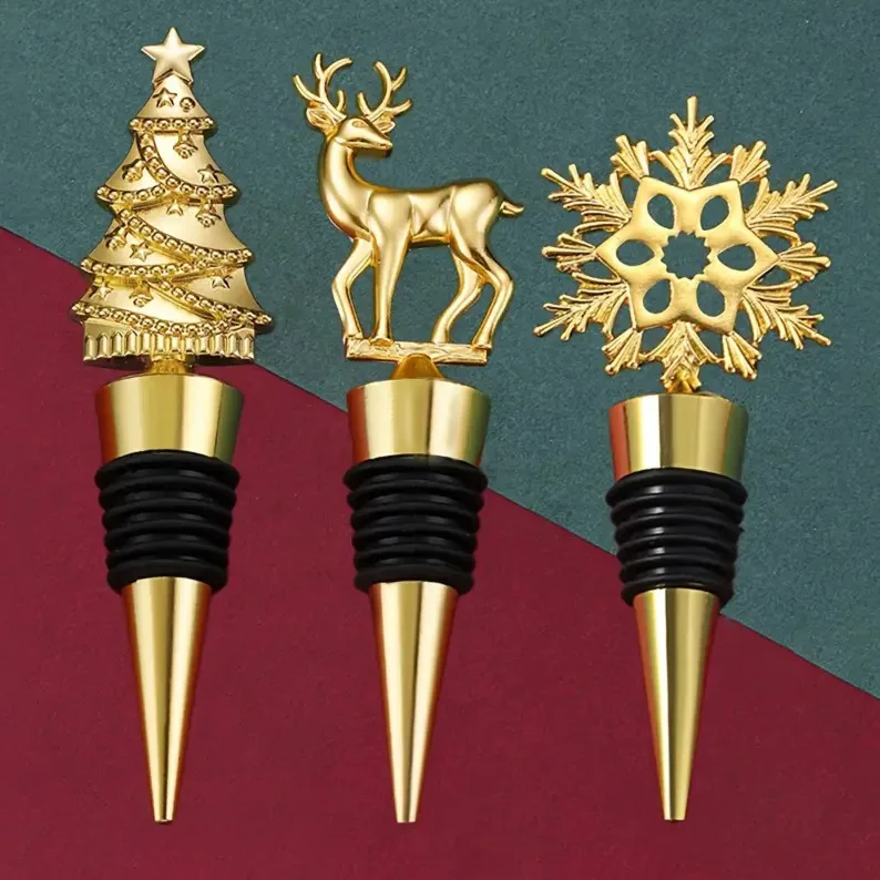 

10Pcs Christmas Wine Bottle Stopper Gold Elk/Tree/Snowflake Wine Stopper For New Year Party Home Decoration Holiday Party Gifts