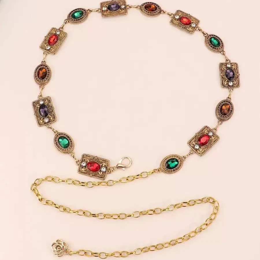Multicolored gemstone metal waist chain for women, ethnic style personalized body chain with diamond-encrusted belt, vintage belt