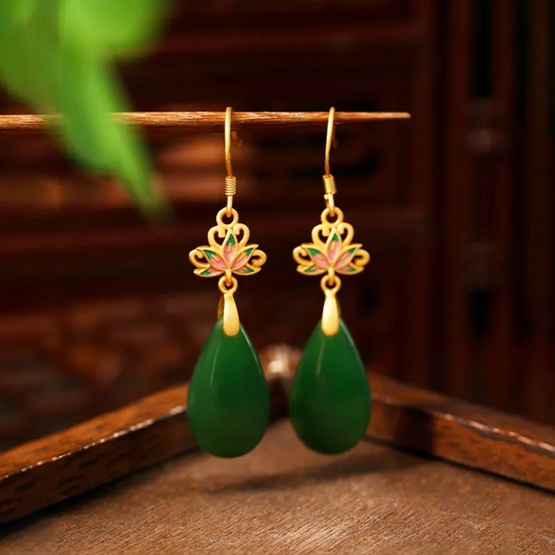 

New Chinese style Guochao dripping oil good luck lotus lotus jade earrings antique temperament Hanfu ear hook earrings high-end