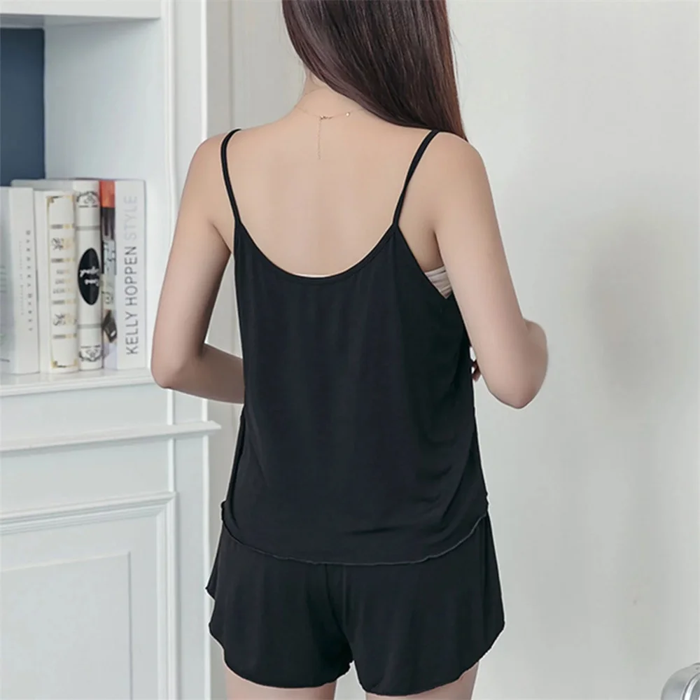 Women Casual Pajamas Sleepwear Pajama Set Nightgowns Camisole Shorts Nightclothes Spagjetti Strap Black L XL XXL Smooth Soft