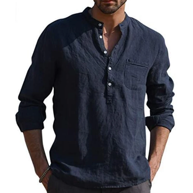 Spring Autumn New Solid Color Round Neck Button Long Sleeve Shirt Man Casual Loose Cotton Hemp All-match Comfortable Pullovers