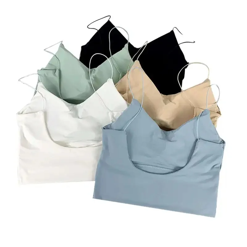 1pc Women Ice Silk Seamless Bralette Solid Color Wireless Padded Bra Sexy Camisole Sports Tank Top Comfortable Vest Daily Fitnes