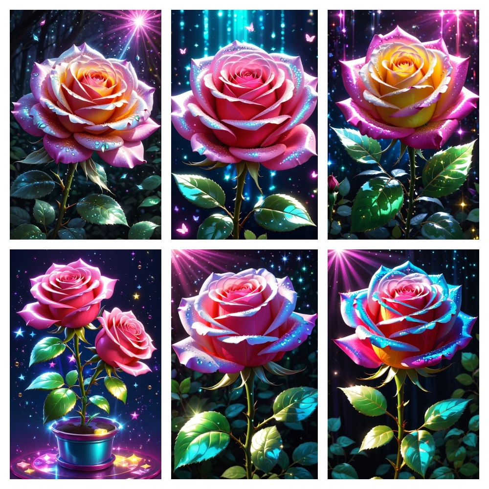 Luminous Pink Rose Diamond Painting Flower Art Full Rhinestone Mosaic Cross Stitch Kit Embroidery Landscape Handmade Home Decor