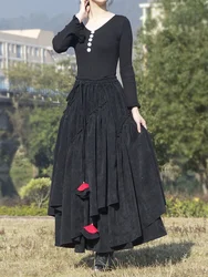 Gonne di velluto a coste da donna retrò letterarie primaverili a quadri con orlo irregolare a vita alta in cotone spazzolato a pieghe gonna medievale vintage autunno