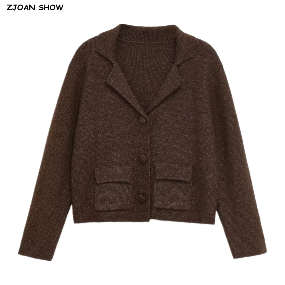 

Autumn Winter Front Pockets Lapel Knitted Cardigan Woman Full Sleeve Single-breast Buttons Loose Short Sweater Jumper Knitwear