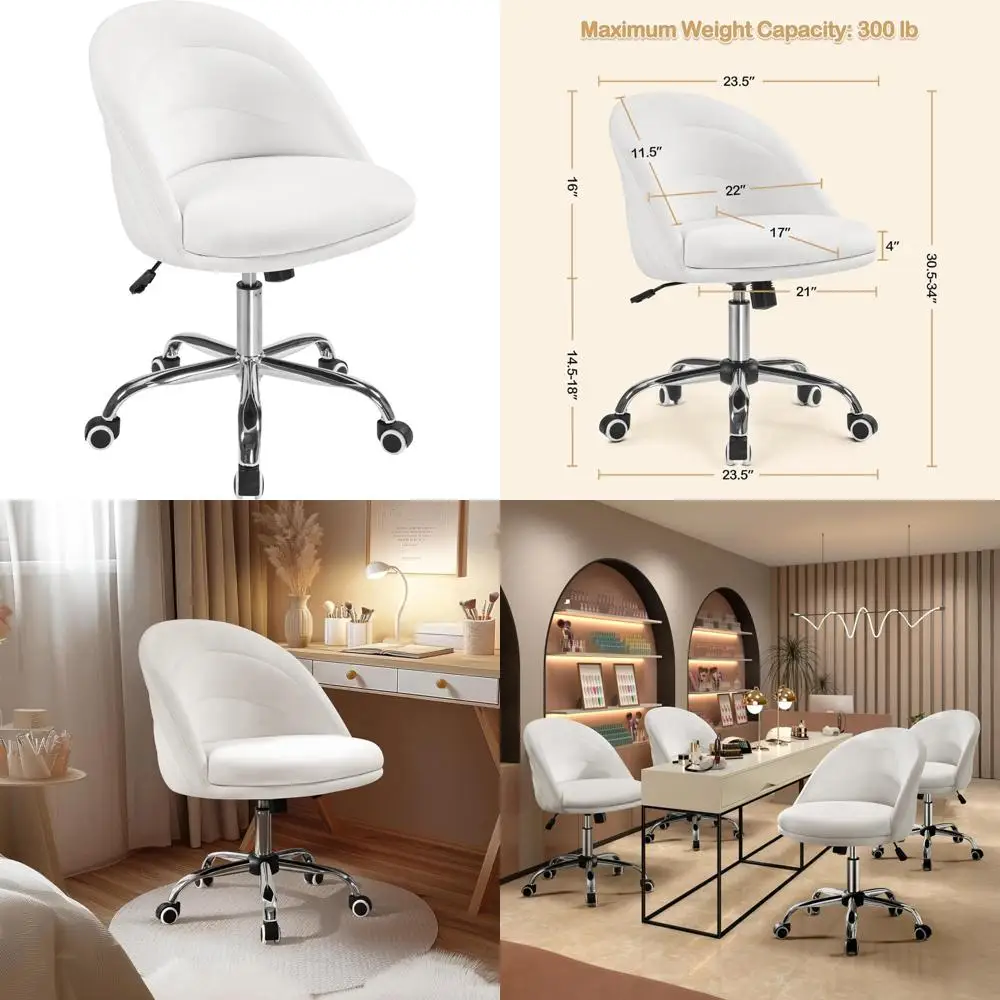 Adjustable Comfortable Swivel Office Chair with Wheels, Soft and Cozy Armless Desk Chair for Home or Living Room, White Velvet V