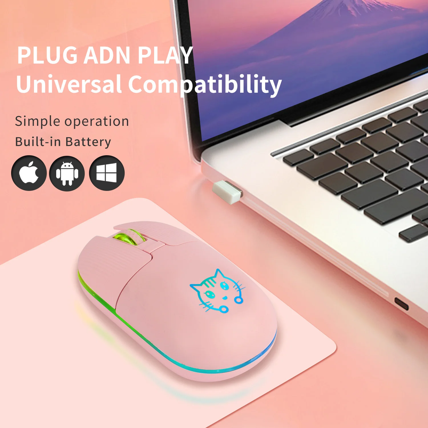 

Cute Cat Wireless 2.4G Mouse 1600 DPI Adjustable Mute Rechargeable Multi-Color Breathing Lamp Girls Office Mouse For Laptop PC